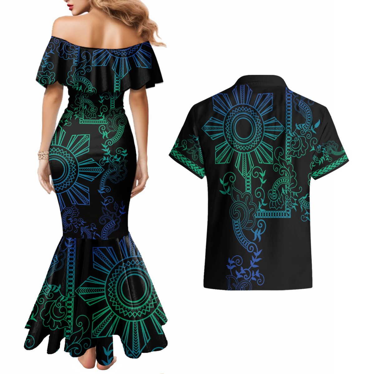 Filipino Sun Tribal Tattoo Couples Matching Mermaid Dress and Hawaiian Shirt Philippines Inspired Barong Blue Art LT9 - Polynesian Pride