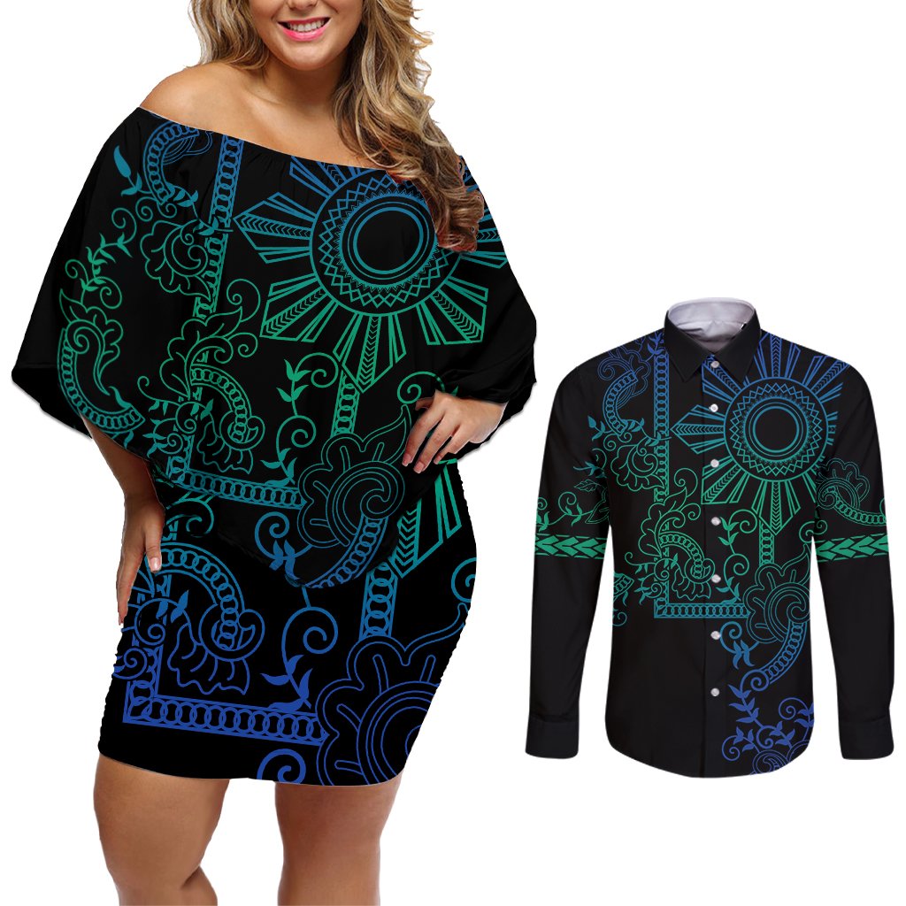 Filipino Sun Tribal Tattoo Couples Matching Off Shoulder Short Dress and Long Sleeve Button Shirt Philippines Inspired Barong Blue Art LT9 Blue - Polynesian Pride