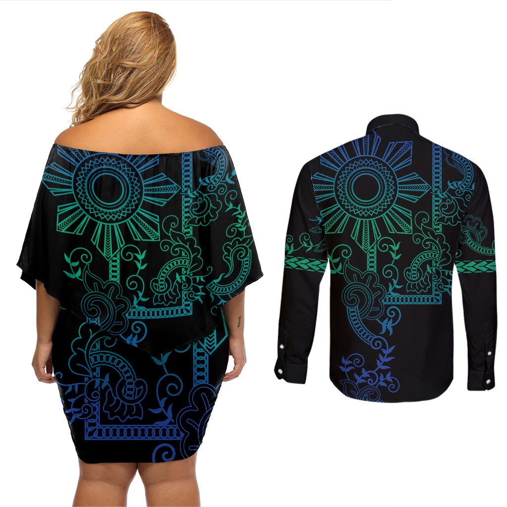 Filipino Sun Tribal Tattoo Couples Matching Off Shoulder Short Dress and Long Sleeve Button Shirt Philippines Inspired Barong Blue Art LT9 - Polynesian Pride