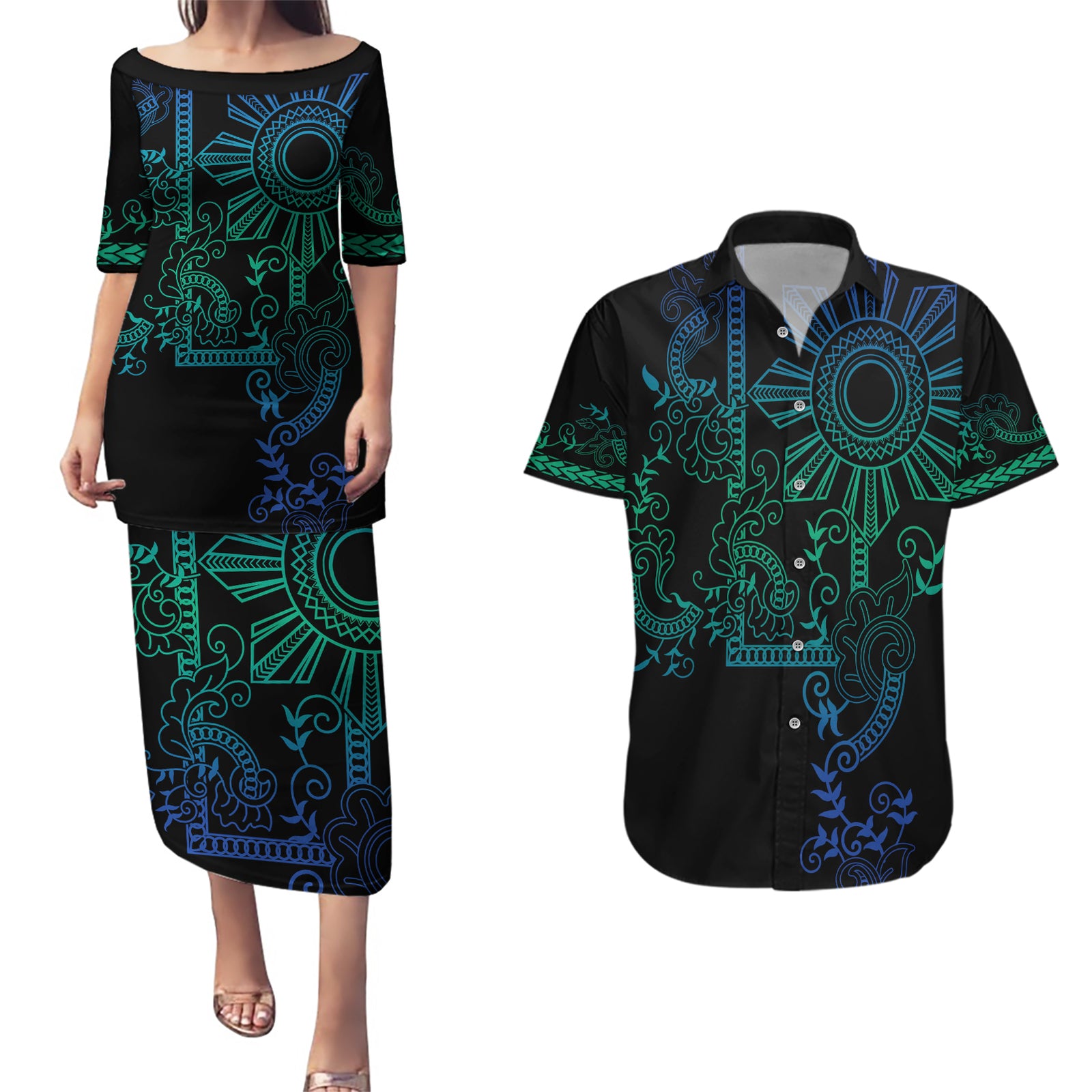 Filipino Sun Tribal Tattoo Couples Matching Puletasi and Hawaiian Shirt Philippines Inspired Barong Blue Art