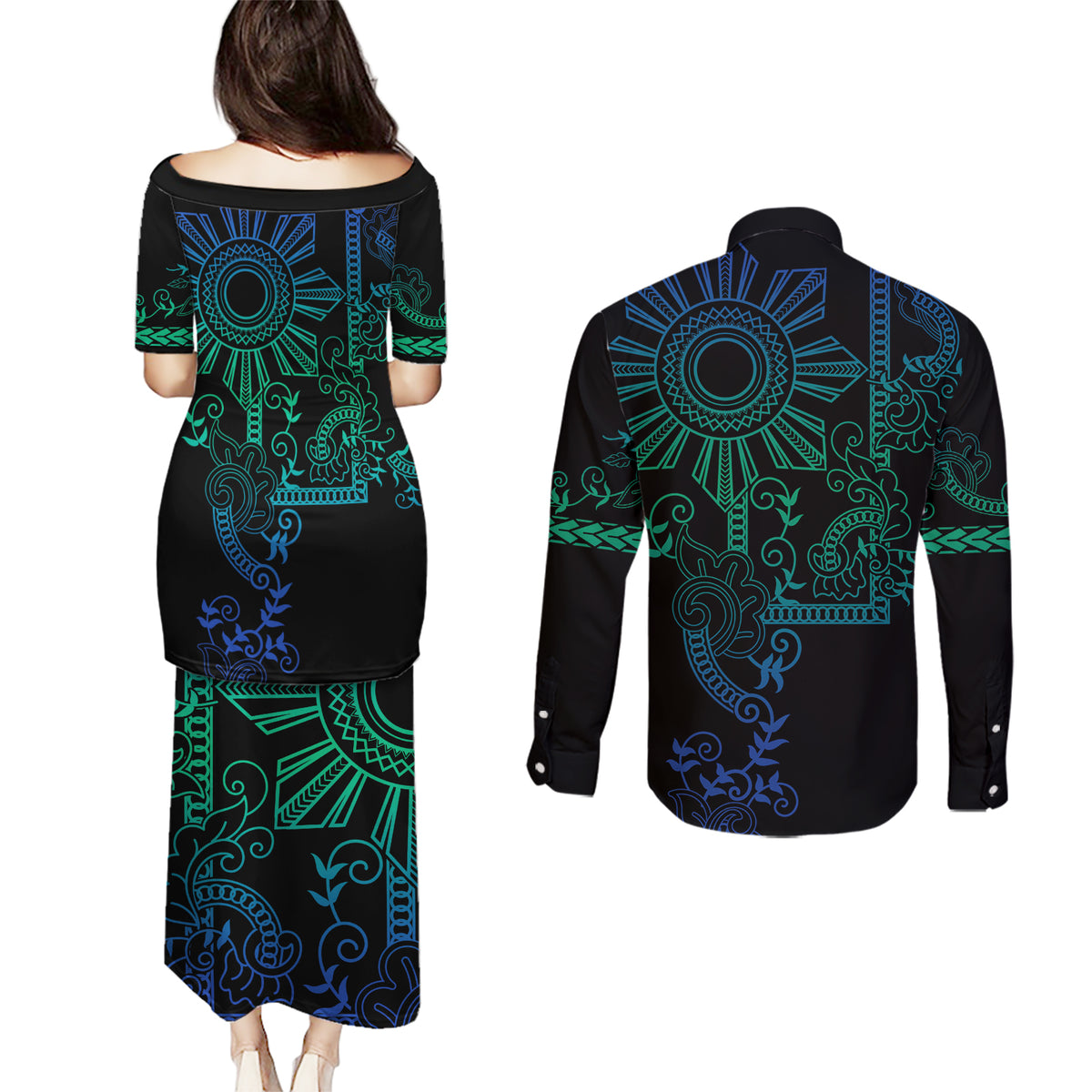 Filipino Sun Tribal Tattoo Couples Matching Puletasi and Long Sleeve Button Shirt Philippines Inspired Barong Blue Art LT9 - Polynesian Pride