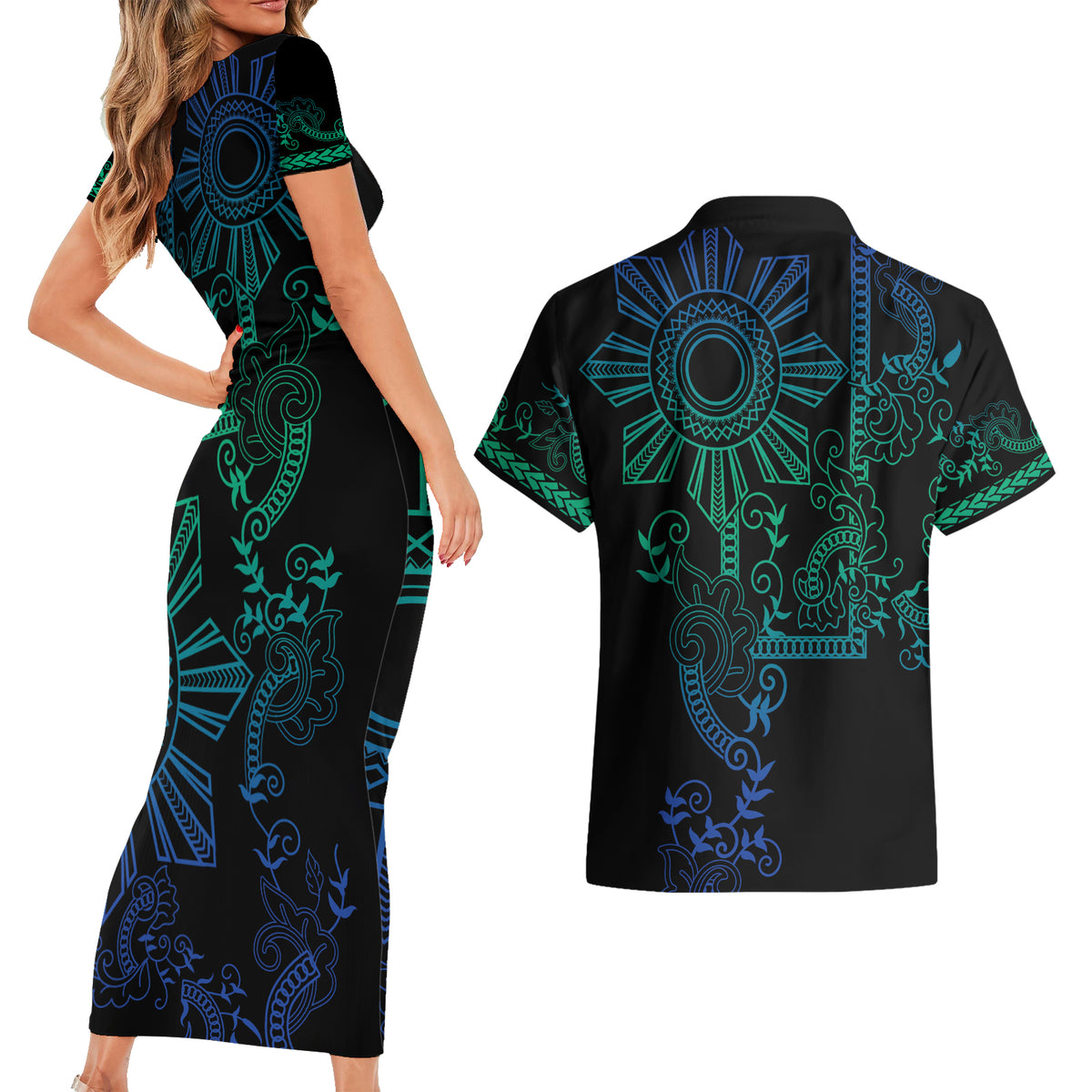 Filipino Sun Tribal Tattoo Couples Matching Short Sleeve Bodycon Dress and Hawaiian Shirt Philippines Inspired Barong Blue Art LT9 - Polynesian Pride