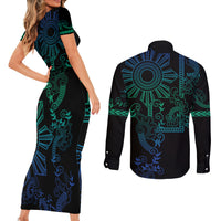 Filipino Sun Tribal Tattoo Couples Matching Short Sleeve Bodycon Dress and Long Sleeve Button Shirt Philippines Inspired Barong Blue Art LT9 - Polynesian Pride