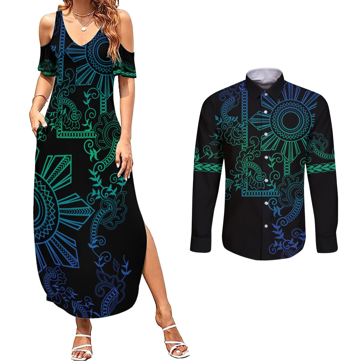 Filipino Sun Tribal Tattoo Couples Matching Summer Maxi Dress and Long Sleeve Button Shirt Philippines Inspired Barong Blue Art