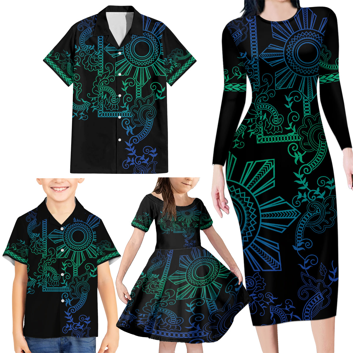 Filipino Sun Tribal Tattoo Family Matching Long Sleeve Bodycon Dress and Hawaiian Shirt Philippines Inspired Barong Blue Art LT9 - Polynesian Pride