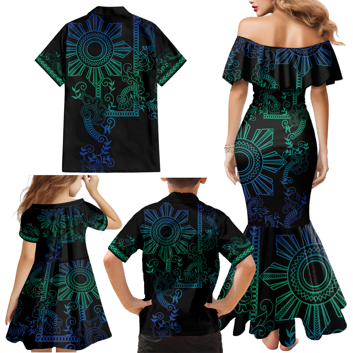 Filipino Sun Tribal Tattoo Family Matching Mermaid Dress and Hawaiian Shirt Philippines Inspired Barong Blue Art LT9 - Polynesian Pride