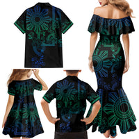 Filipino Sun Tribal Tattoo Family Matching Mermaid Dress and Hawaiian Shirt Philippines Inspired Barong Blue Art LT9 - Polynesian Pride