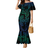Filipino Sun Tribal Tattoo Family Matching Mermaid Dress and Hawaiian Shirt Philippines Inspired Barong Blue Art LT9 Mom's Dress Blue - Polynesian Pride