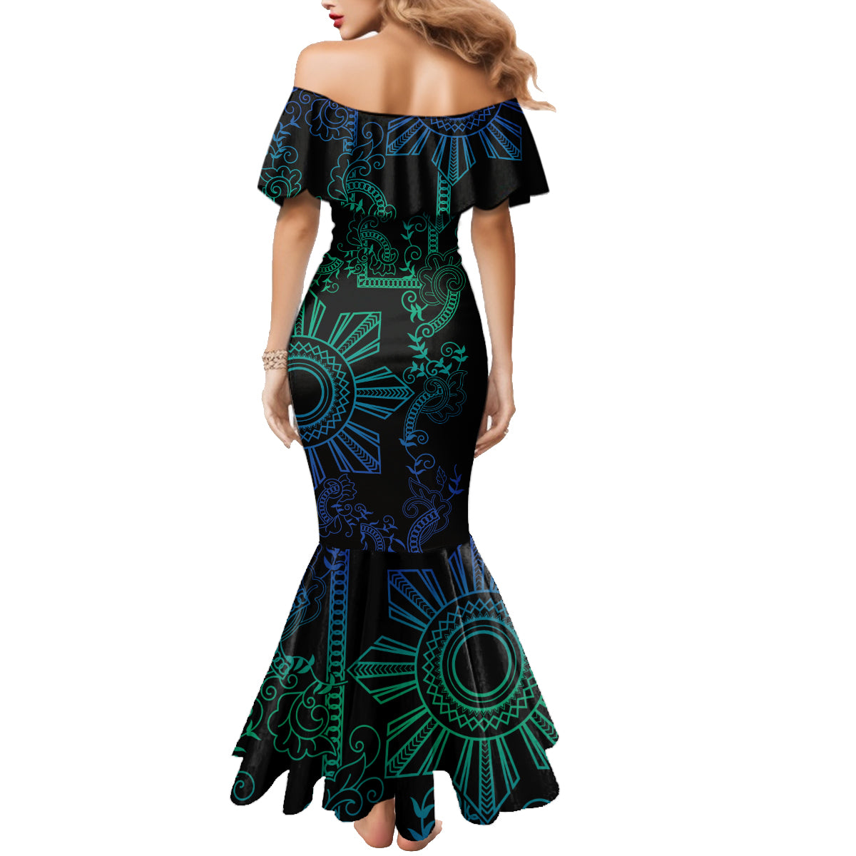 Filipino Sun Tribal Tattoo Family Matching Mermaid Dress and Hawaiian Shirt Philippines Inspired Barong Blue Art LT9 - Polynesian Pride