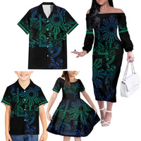 Filipino Sun Tribal Tattoo Family Matching Off The Shoulder Long Sleeve Dress and Hawaiian Shirt Philippines Inspired Barong Blue Art LT9 - Polynesian Pride