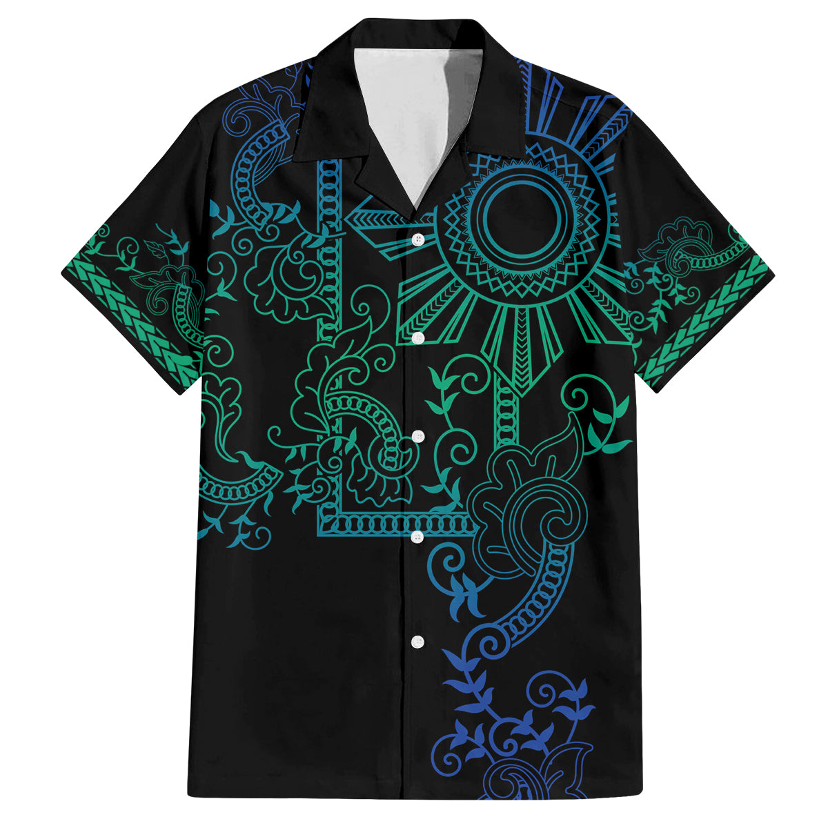 Filipino Sun Tribal Tattoo Family Matching Off The Shoulder Long Sleeve Dress and Hawaiian Shirt Philippines Inspired Barong Blue Art LT9 Dad's Shirt - Short Sleeve Blue - Polynesian Pride