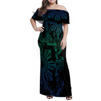 Filipino Sun Tribal Tattoo Family Matching Off Shoulder Maxi Dress and Hawaiian Shirt Philippines Inspired Barong Blue Art LT9 Mom's Dress Blue - Polynesian Pride