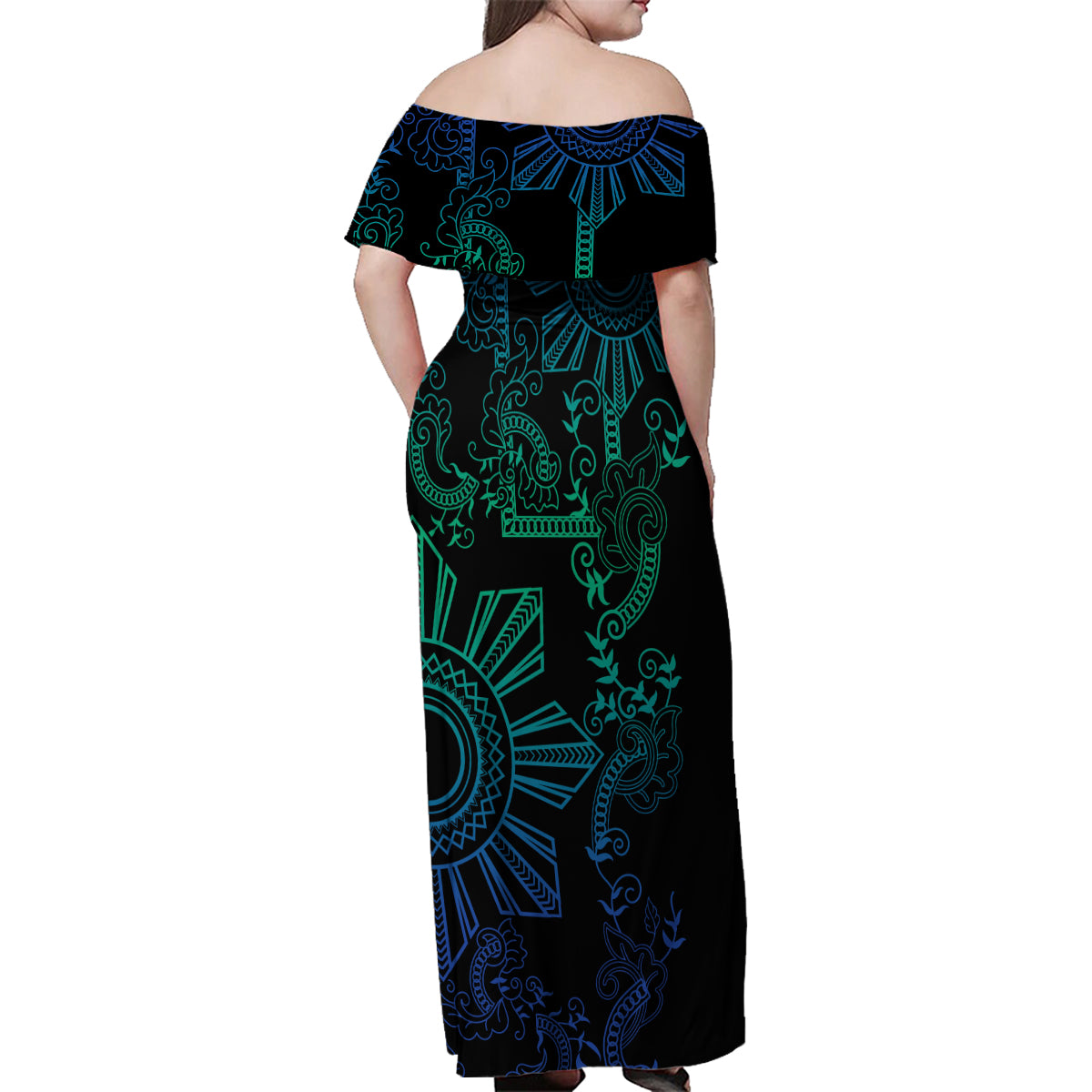 Filipino Sun Tribal Tattoo Family Matching Off Shoulder Maxi Dress and Hawaiian Shirt Philippines Inspired Barong Blue Art LT9 - Polynesian Pride