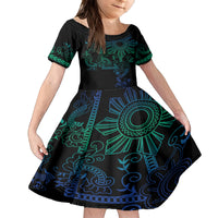 Filipino Sun Tribal Tattoo Family Matching Off Shoulder Short Dress and Hawaiian Shirt Philippines Inspired Barong Blue Art LT9 Daughter's Dress Blue - Polynesian Pride
