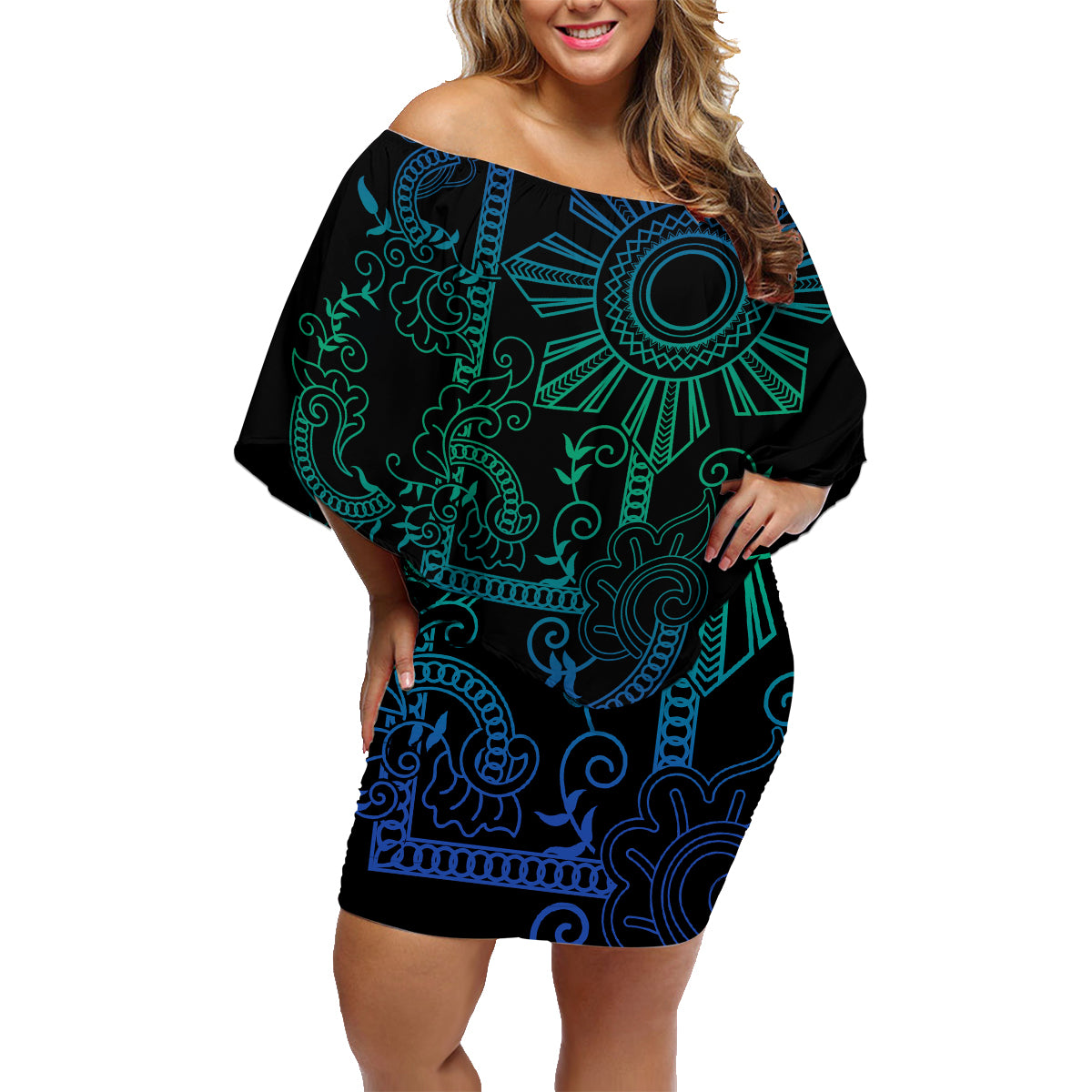 Filipino Sun Tribal Tattoo Family Matching Off Shoulder Short Dress and Hawaiian Shirt Philippines Inspired Barong Blue Art LT9 Mom's Dress Blue - Polynesian Pride