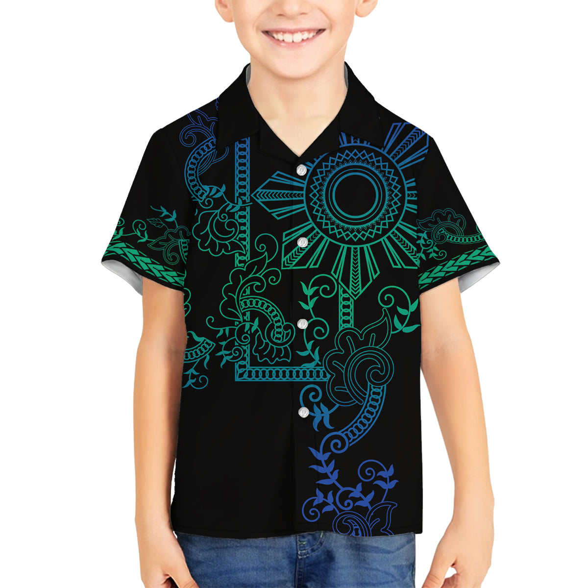 Filipino Sun Tribal Tattoo Family Matching Off Shoulder Short Dress and Hawaiian Shirt Philippines Inspired Barong Blue Art LT9 Son's Shirt Blue - Polynesian Pride