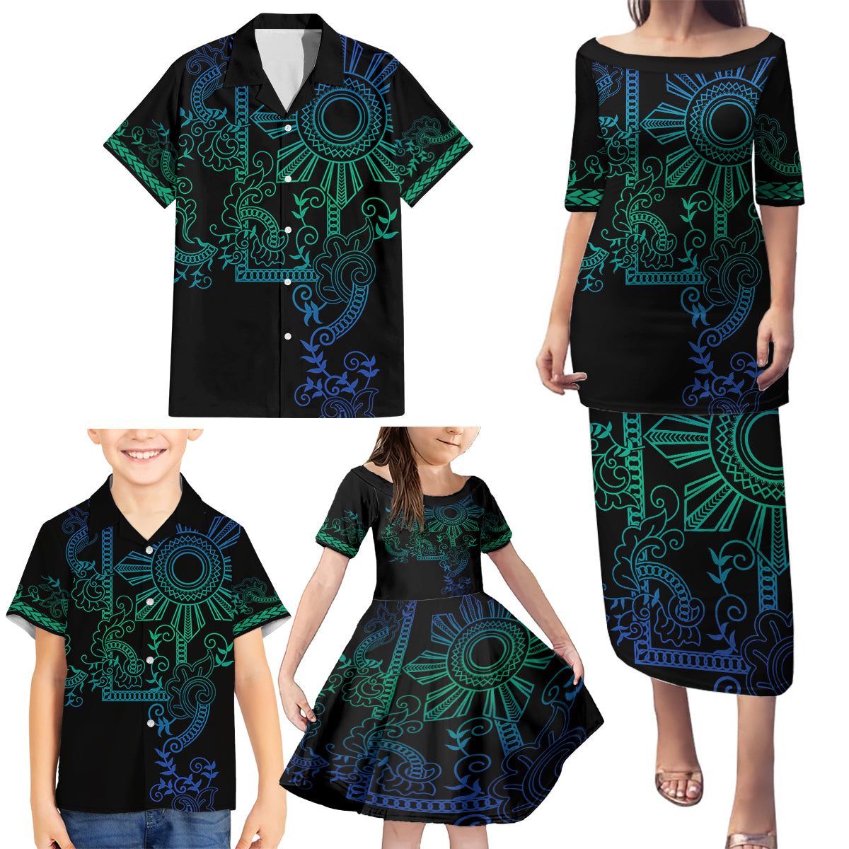 Filipino Sun Tribal Tattoo Family Matching Puletasi and Hawaiian Shirt Philippines Inspired Barong Blue Art LT9 - Polynesian Pride