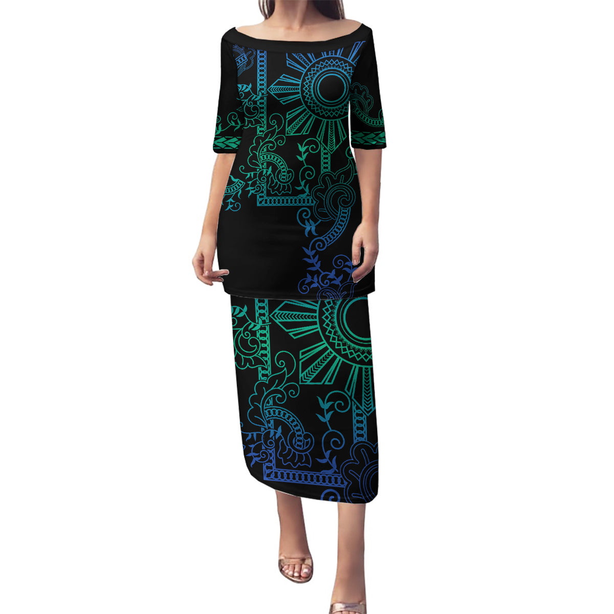 Filipino Sun Tribal Tattoo Family Matching Puletasi and Hawaiian Shirt Philippines Inspired Barong Blue Art LT9 Mom's Dress Blue - Polynesian Pride
