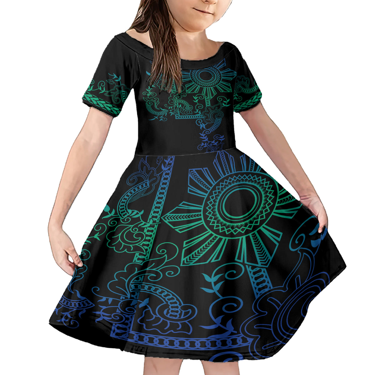 Filipino Sun Tribal Tattoo Family Matching Short Sleeve Bodycon Dress and Hawaiian Shirt Philippines Inspired Barong Blue Art LT9 Daughter's Dress Blue - Polynesian Pride
