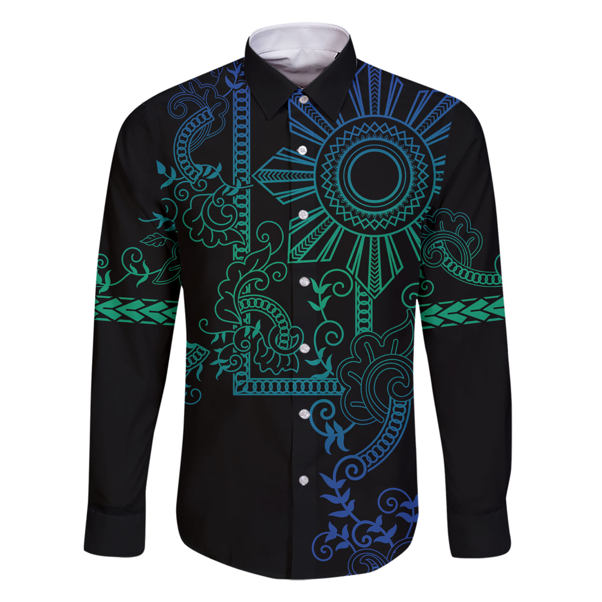 Filipino Sun Tribal Tattoo Family Matching Short Sleeve Bodycon Dress and Hawaiian Shirt Philippines Inspired Barong Blue Art LT9 Dad's Shirt - Long Sleeve Blue - Polynesian Pride