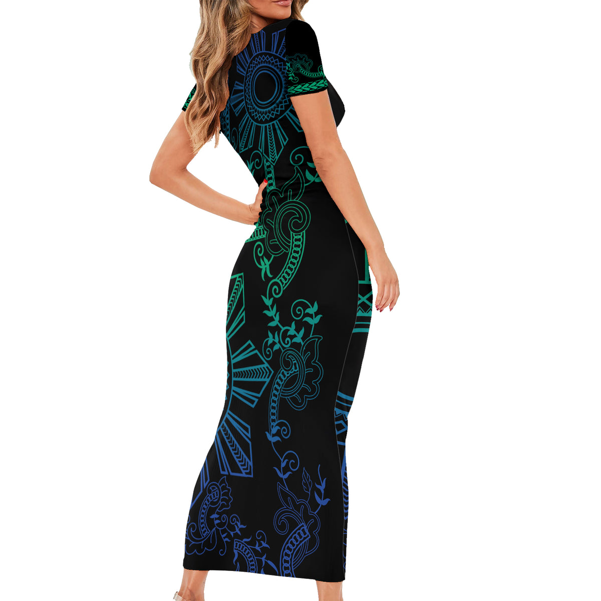 Filipino Sun Tribal Tattoo Family Matching Short Sleeve Bodycon Dress and Hawaiian Shirt Philippines Inspired Barong Blue Art LT9 - Polynesian Pride