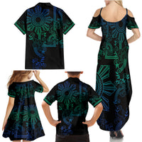 Filipino Sun Tribal Tattoo Family Matching Summer Maxi Dress and Hawaiian Shirt Philippines Inspired Barong Blue Art LT9 - Polynesian Pride