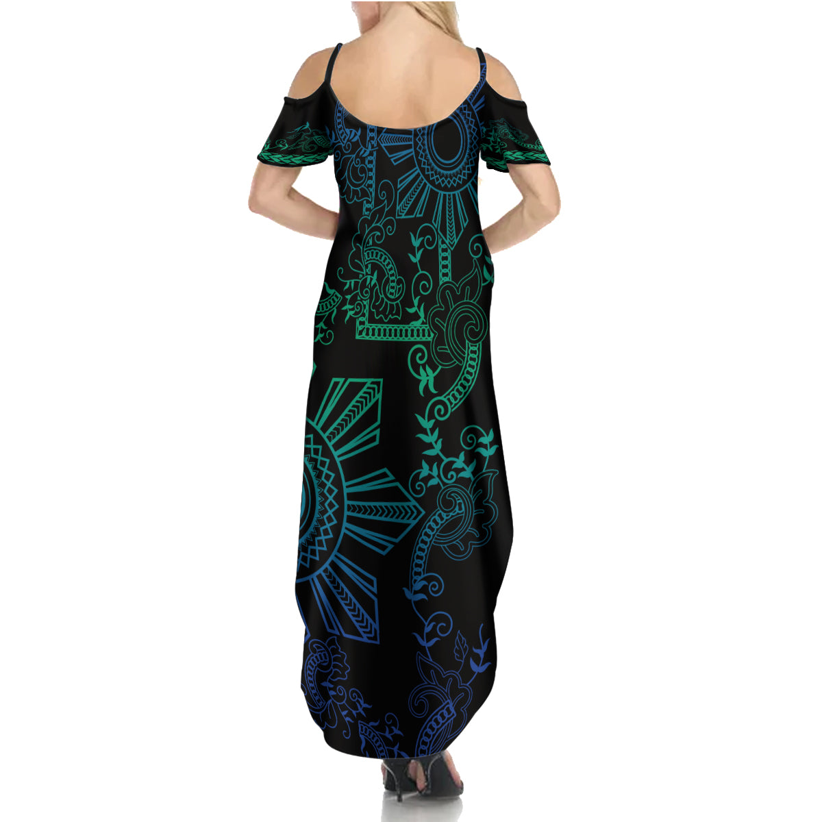 Filipino Sun Tribal Tattoo Family Matching Summer Maxi Dress and Hawaiian Shirt Philippines Inspired Barong Blue Art LT9 - Polynesian Pride