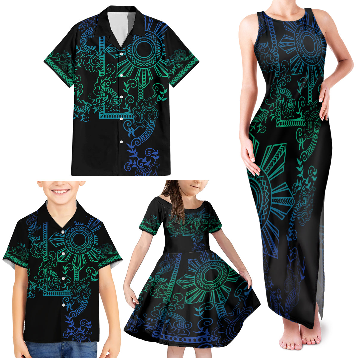 Filipino Sun Tribal Tattoo Family Matching Tank Maxi Dress and Hawaiian Shirt Philippines Inspired Barong Blue Art LT9 - Polynesian Pride