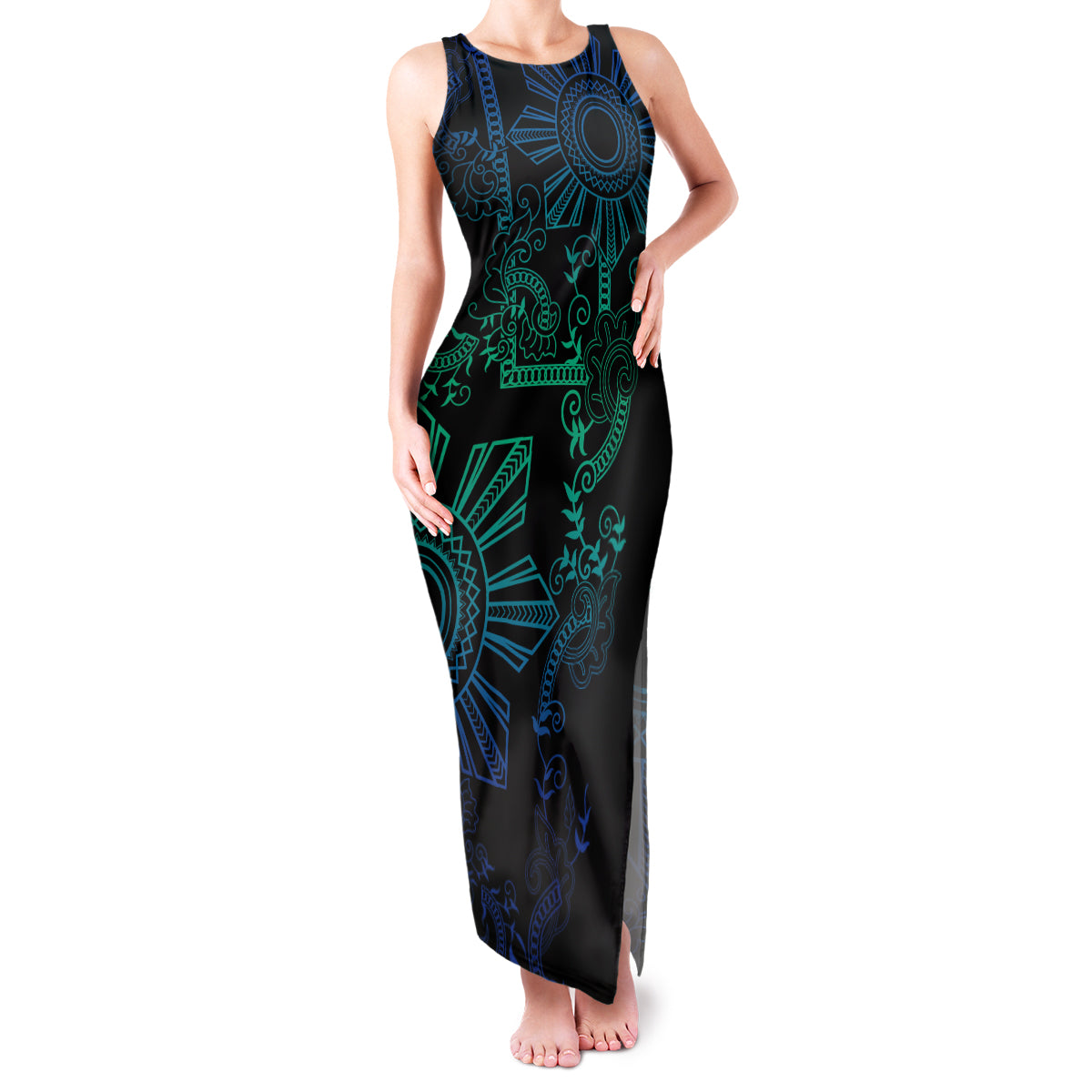 Filipino Sun Tribal Tattoo Family Matching Tank Maxi Dress and Hawaiian Shirt Philippines Inspired Barong Blue Art LT9 Mom's Dress Blue - Polynesian Pride