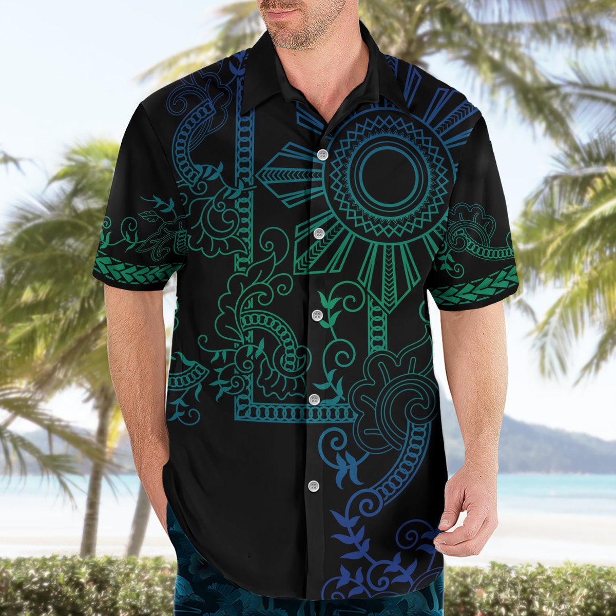 Filipino Sun Tribal Tattoo Hawaiian Shirt Philippines Inspired Barong Blue Art LT9 - Polynesian Pride