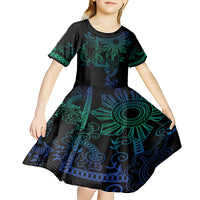 Filipino Sun Tribal Tattoo Kid Short Sleeve Dress Philippines Inspired Barong Blue Art LT9 - Polynesian Pride