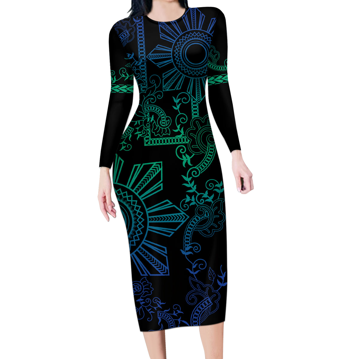 Filipino Sun Tribal Tattoo Long Sleeve Bodycon Dress Philippines Inspired Barong Blue Art LT9 Long Dress Blue - Polynesian Pride