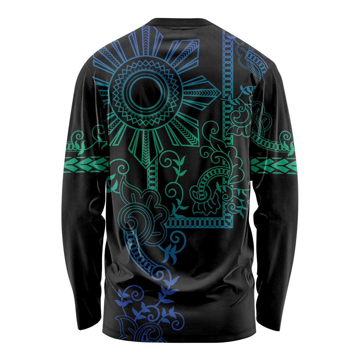 Filipino Sun Tribal Tattoo Long Sleeve Shirt Philippines Inspired Barong Blue Art LT9 - Polynesian Pride