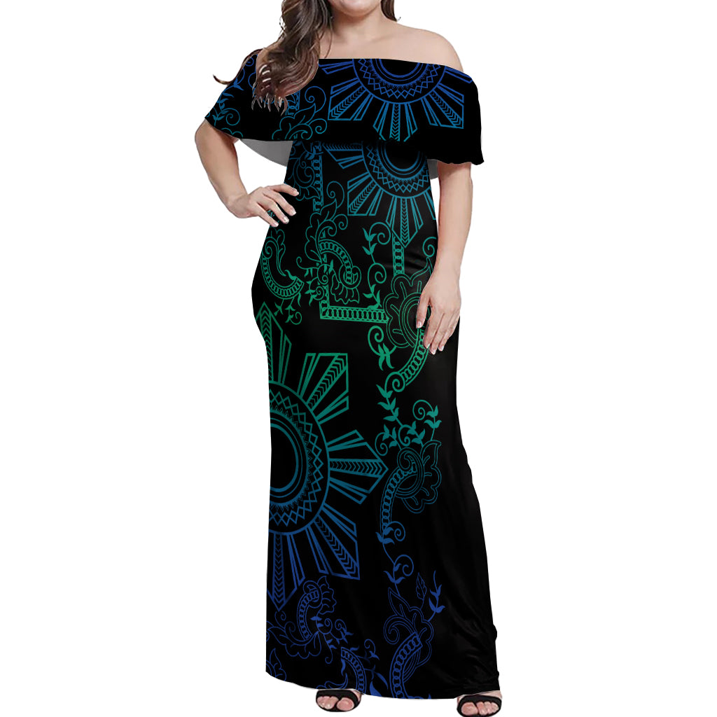 Filipino Sun Tribal Tattoo Off Shoulder Maxi Dress Philippines Inspired Barong Blue Art LT9 Women Blue - Polynesian Pride