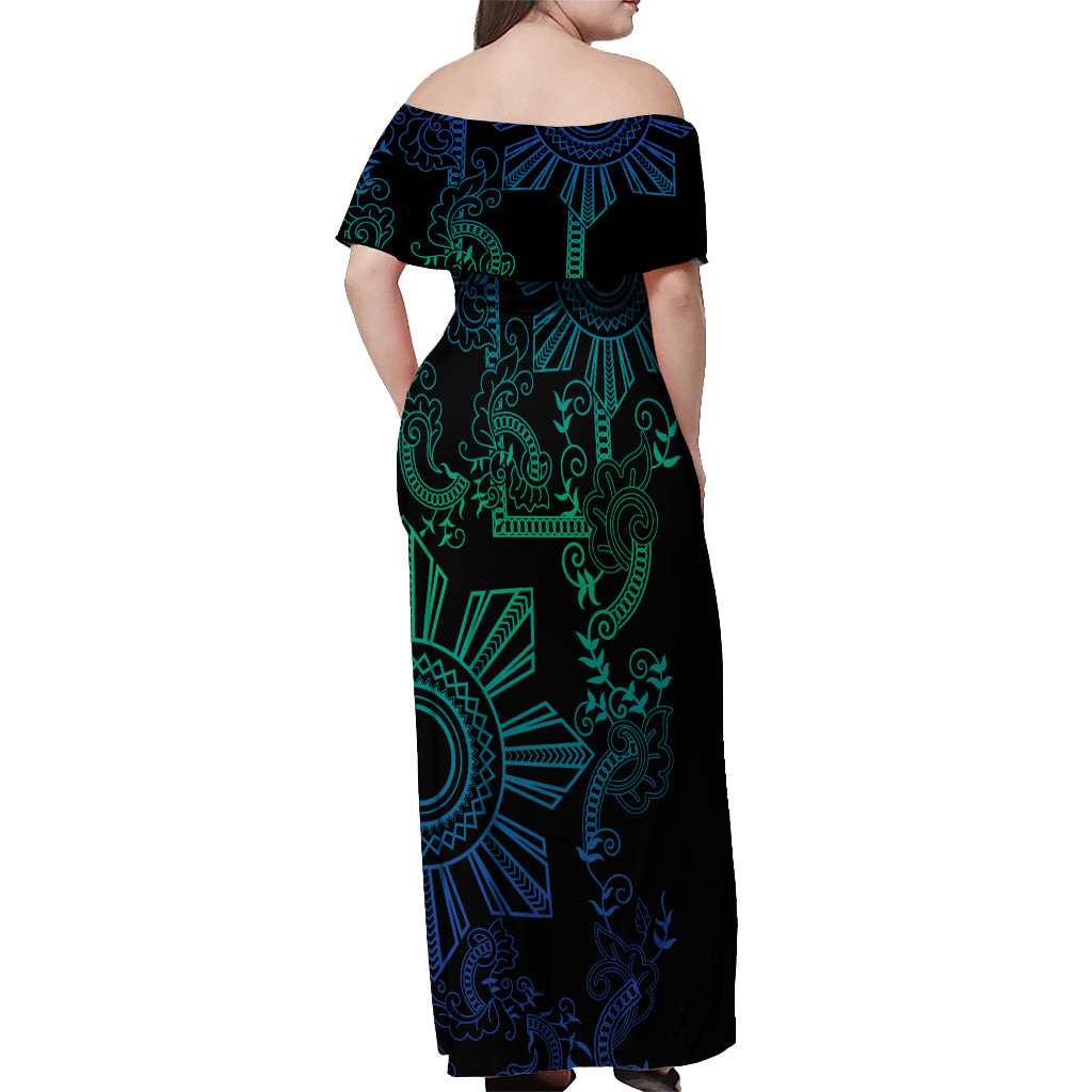 Filipino Sun Tribal Tattoo Off Shoulder Maxi Dress Philippines Inspired Barong Blue Art LT9 - Polynesian Pride