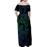 Filipino Sun Tribal Tattoo Off Shoulder Maxi Dress Philippines Inspired Barong Blue Art LT9 - Polynesian Pride