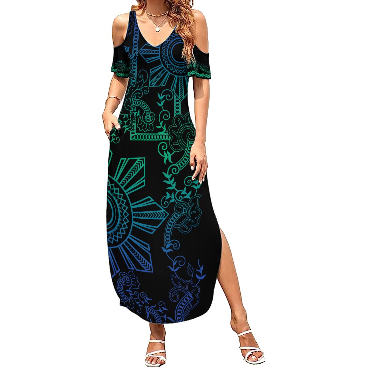 Filipino Sun Tribal Tattoo Summer Maxi Dress Philippines Inspired Barong Blue Art