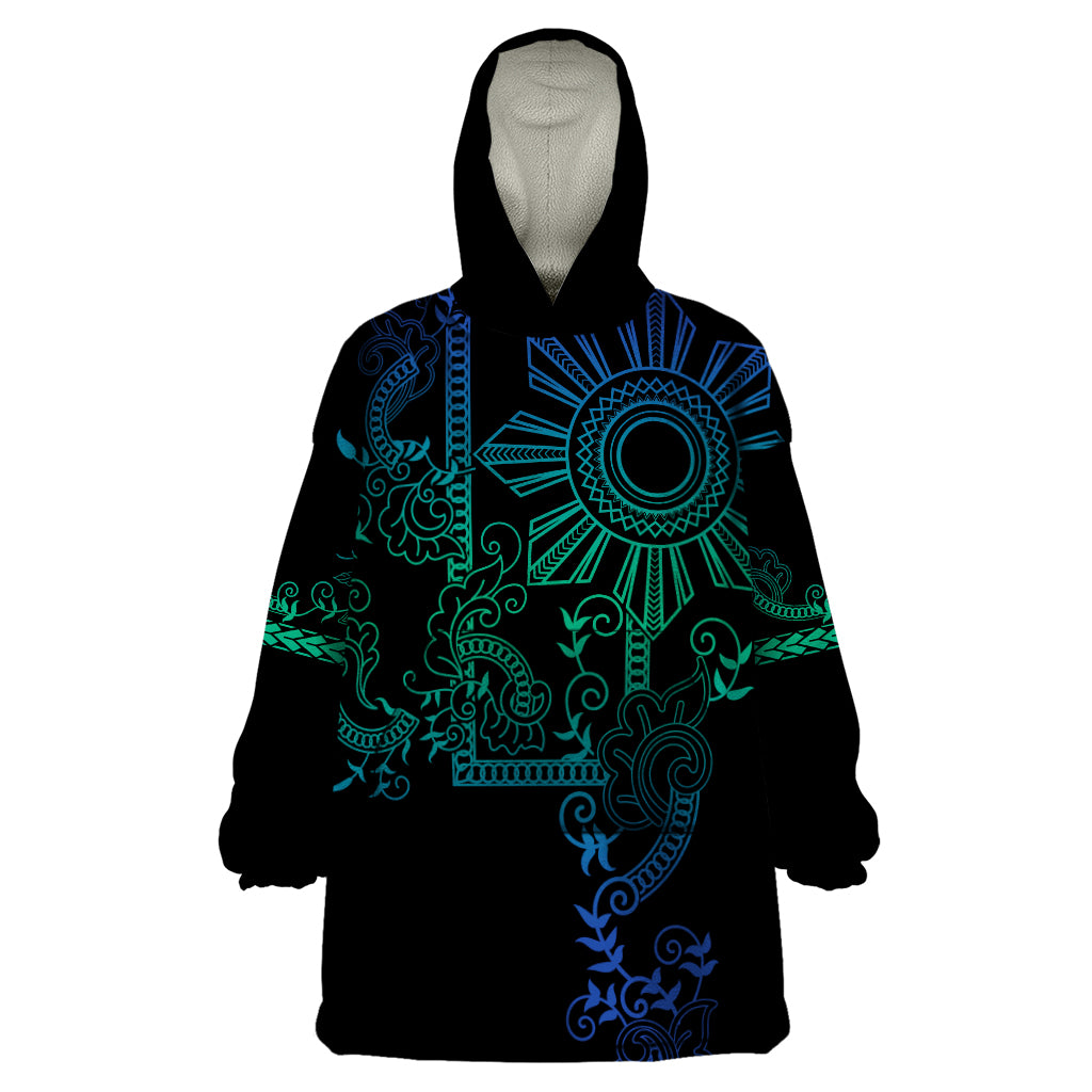 Filipino Sun Tribal Tattoo Wearable Blanket Hoodie Philippines Inspired Barong Blue Art LT9 One Size Blue - Polynesian Pride