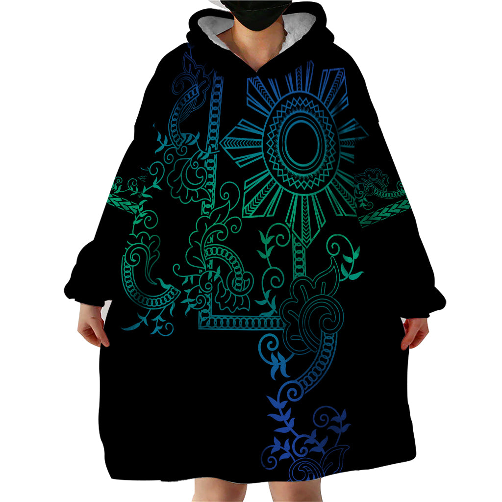 Filipino Sun Tribal Tattoo Wearable Blanket Hoodie Philippines Inspired Barong Blue Art LT9 - Polynesian Pride