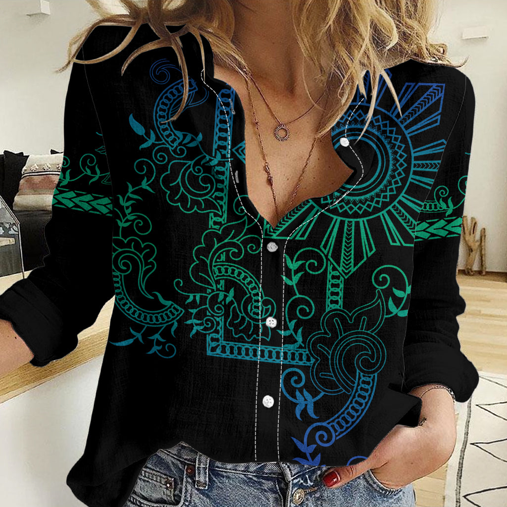 Filipino Sun Tribal Tattoo Women Casual Shirt Philippines Inspired Barong Blue Art LT9 Female Blue - Polynesian Pride