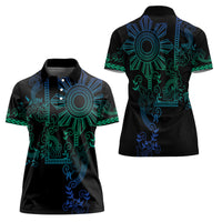 Filipino Sun Tribal Tattoo Women Polo Shirt Philippines Inspired Barong Blue Art LT9 - Polynesian Pride