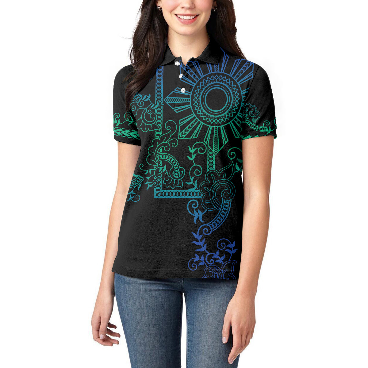 Filipino Sun Tribal Tattoo Women Polo Shirt Philippines Inspired Barong Blue Art LT9 - Polynesian Pride