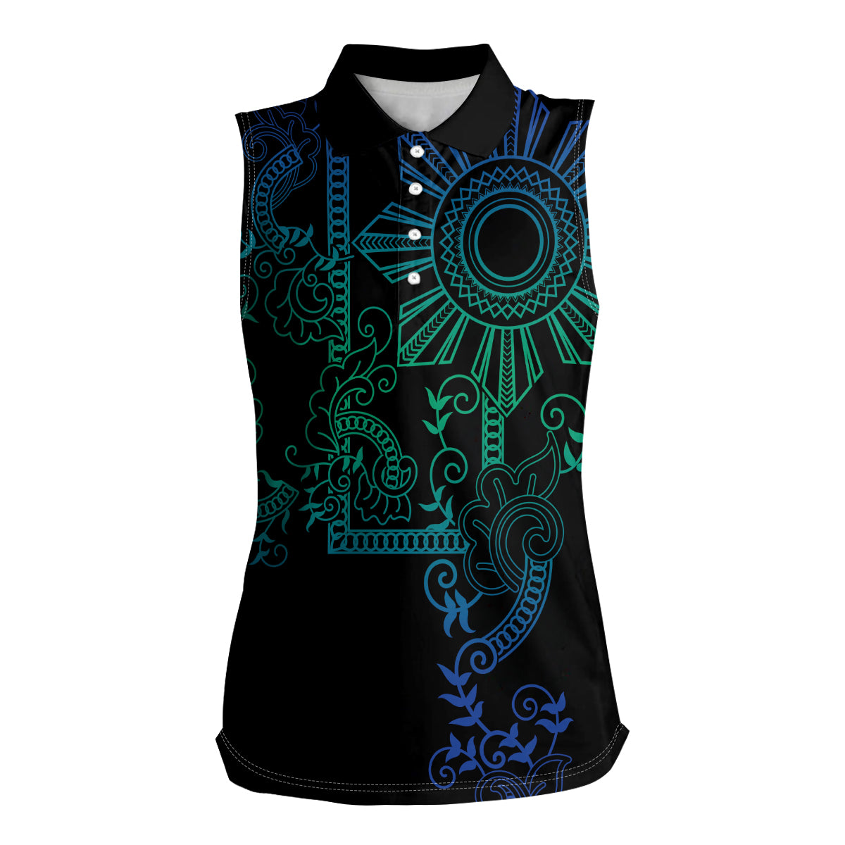 Filipino Sun Tribal Tattoo Women Sleeveless Polo Shirt Philippines Inspired Barong Blue Art LT9 Female Blue - Polynesian Pride
