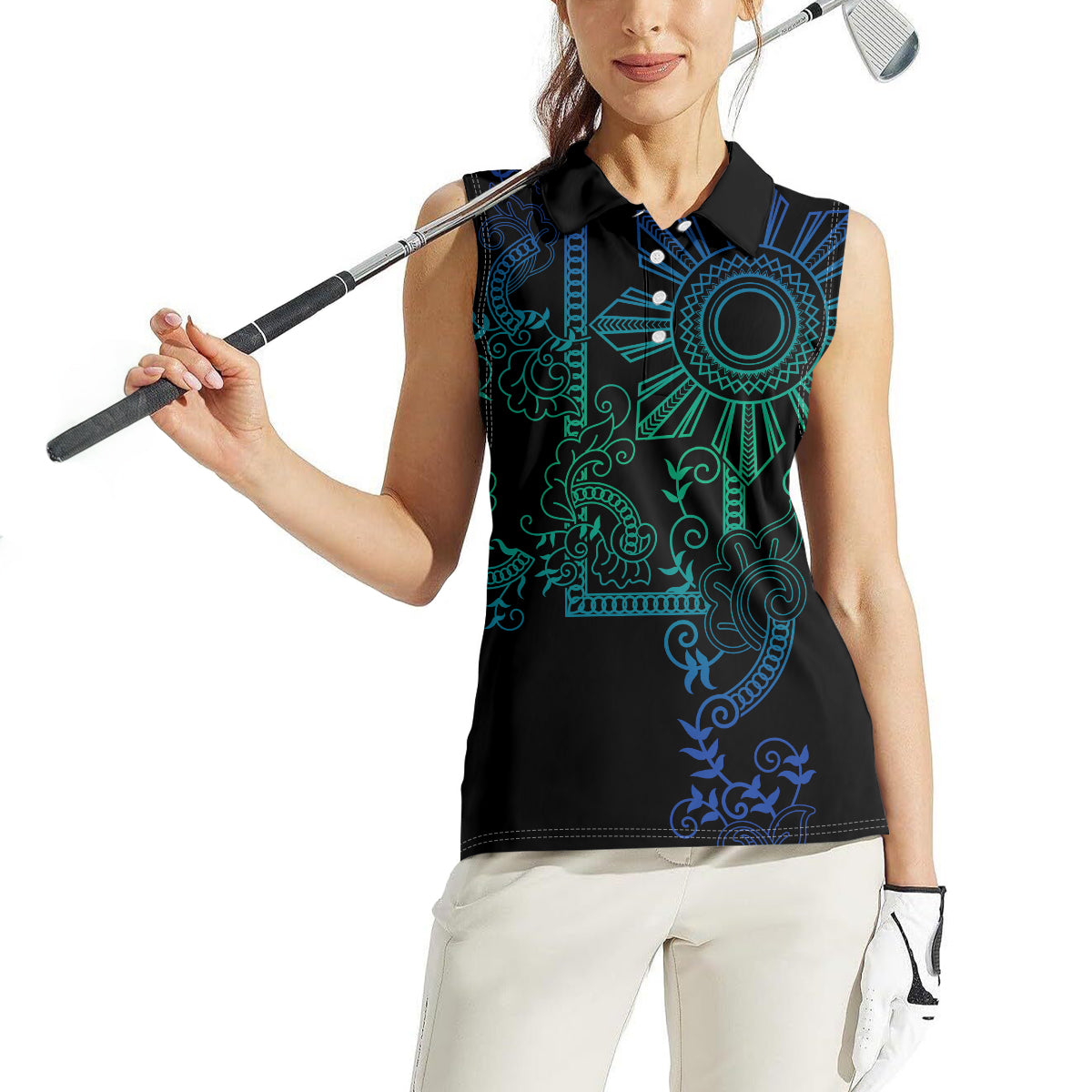 Filipino Sun Tribal Tattoo Women Sleeveless Polo Shirt Philippines Inspired Barong Blue Art LT9 - Polynesian Pride