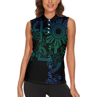 Filipino Sun Tribal Tattoo Women Sleeveless Polo Shirt Philippines Inspired Barong Blue Art LT9 - Polynesian Pride