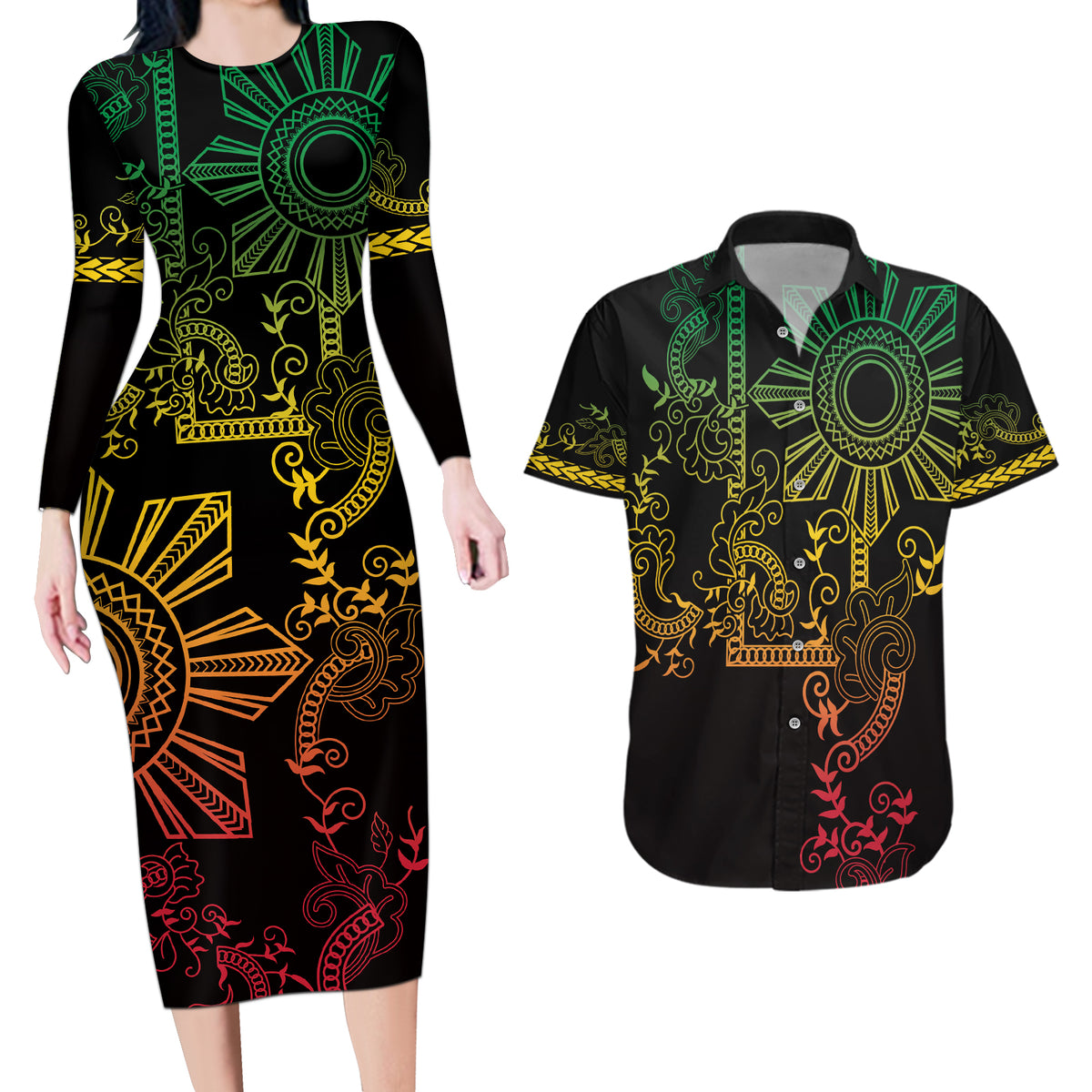 Filipino Sun Tribal Tattoo Couples Matching Long Sleeve Bodycon Dress and Hawaiian Shirt Philippines Inspired Barong Reggae Art LT9 Reggae - Polynesian Pride