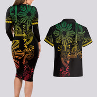 Filipino Sun Tribal Tattoo Couples Matching Long Sleeve Bodycon Dress and Hawaiian Shirt Philippines Inspired Barong Reggae Art LT9 - Polynesian Pride