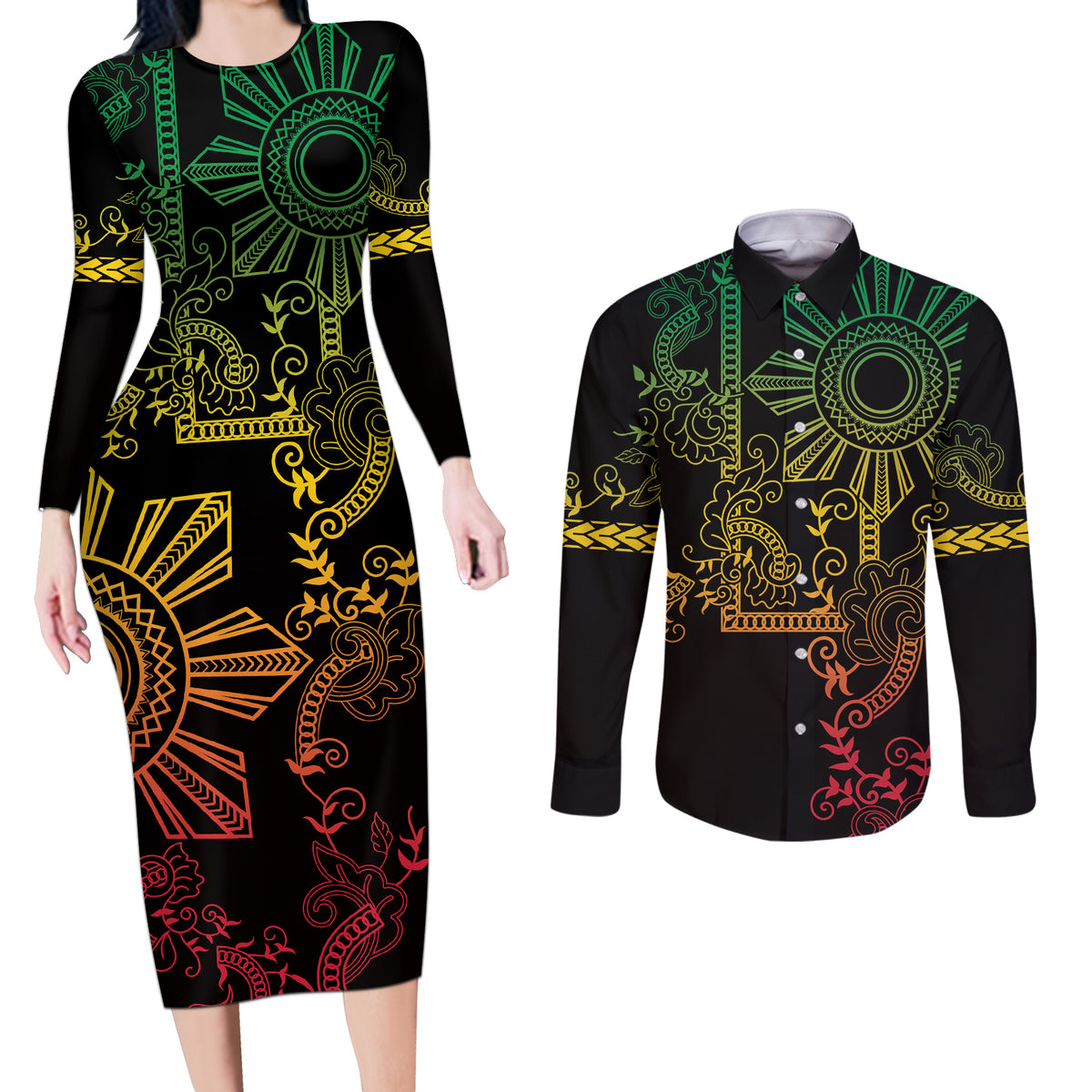 Filipino Sun Tribal Tattoo Couples Matching Long Sleeve Bodycon Dress and Long Sleeve Button Shirt Philippines Inspired Barong Reggae Art LT9 Reggae - Polynesian Pride