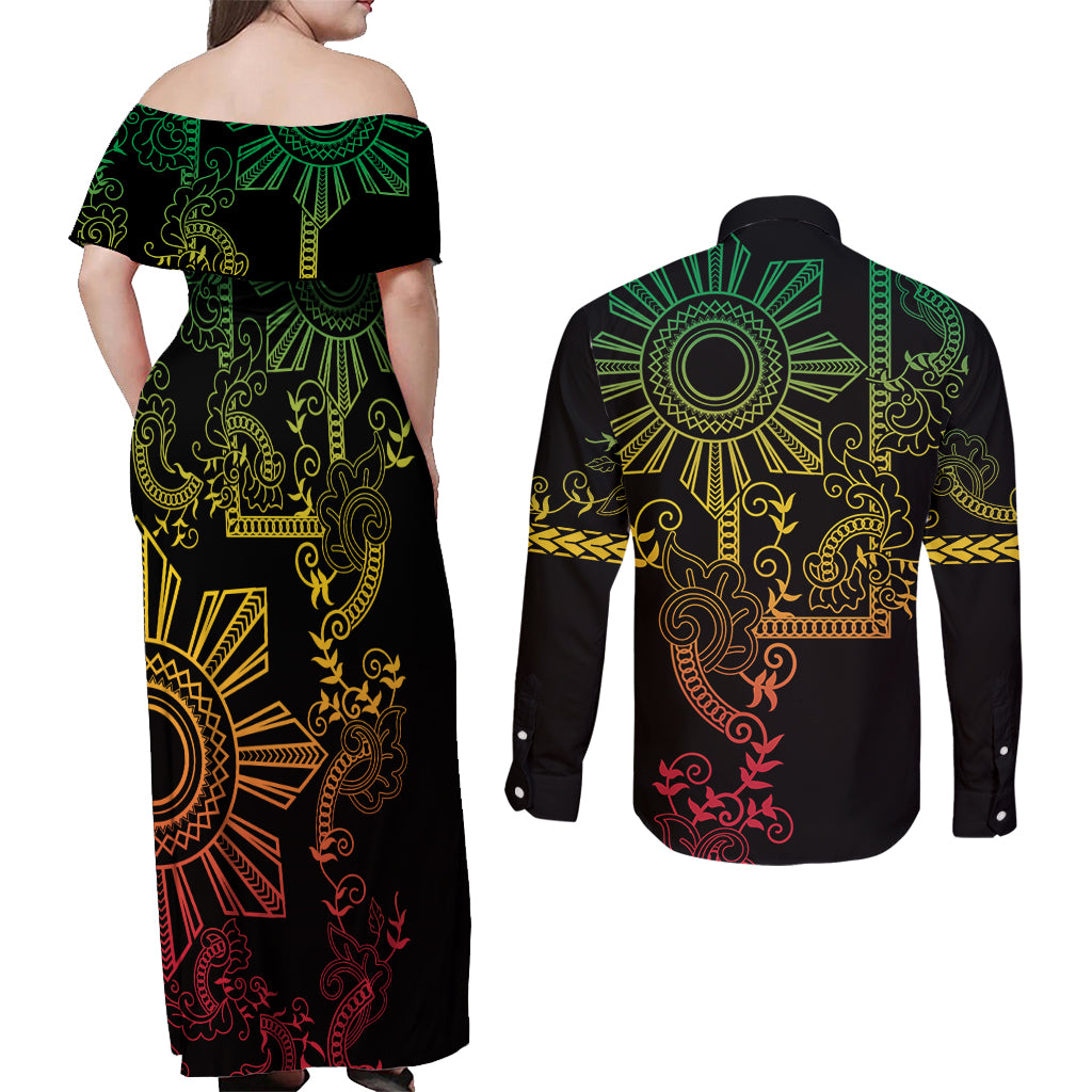 Filipino Sun Tribal Tattoo Couples Matching Off Shoulder Maxi Dress and Long Sleeve Button Shirt Philippines Inspired Barong Reggae Art LT9 - Polynesian Pride