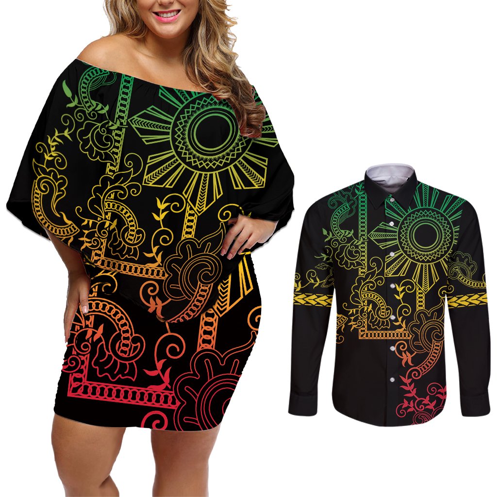 Filipino Sun Tribal Tattoo Couples Matching Off Shoulder Short Dress and Long Sleeve Button Shirt Philippines Inspired Barong Reggae Art LT9 Reggae - Polynesian Pride